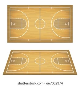 Basketball court with wooden floor. View from above and perspective, isometric view. Vector