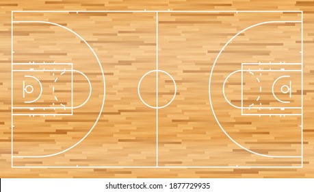 basketball court with wooden parquet flooring and markings lines. Outline basketball playground top view. Sports ground for active recreation. Vector