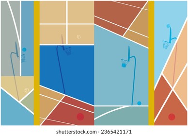 Basketball Courts. Close up of basketball court lines view. concept in flat style. High angle view of basketball court dividing lines on colorful abstract background.