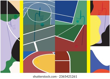 Basketball Courts. Close up of basketball court lines view. concept in flat style. High angle view of basketball court dividing lines on colorful abstract background.