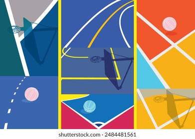 Basketball Courts. Close up of basketball court lines view. concept in flat style. High angle view of basketball court dividing lines on colorful abstract background.