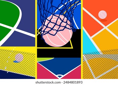 Basketball Courts. Close up of basketball court lines view. concept in flat style. High angle view of basketball court dividing lines on colorful abstract background.