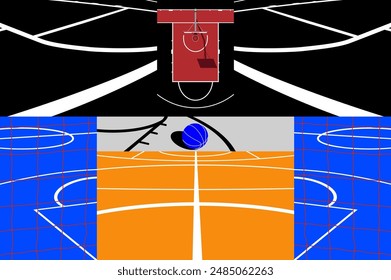 Basketball Courts. Close up of basketball court lines view. concept in flat style. High angle view of basketball court dividing lines on colorful abstract background.