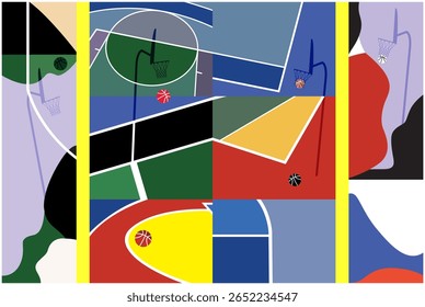 Basketball Courts. Close up of basketball court lines view. concept in flat style. High angle view of basketball court dividing lines on colorful abstract background.