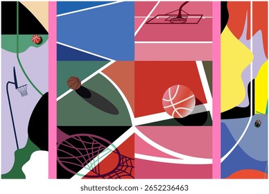 Basketball Courts. Close up of basketball court lines view. concept in flat style. High angle view of basketball court dividing lines on colorful abstract background.