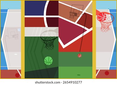 Basketball Courts. Close up of basketball court lines view. concept in flat style. High angle view of basketball court dividing lines on colorful abstract background.
