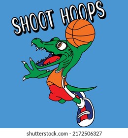 BASKETBALL CROCODILE WITH BALL IN HAND WANTING TO GO FOR A GOAL