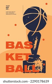 Basketball cup. Sport news. Collection of basketball designs in grunge style, sketch, engraving. Hand drawing. Sports print, cover, template, sports covers, basketball hoop.