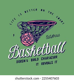 Basketball doesn't build character, it reveals it. Ball in hoop. Team sports vintage typography t-shirt print vector illustration.