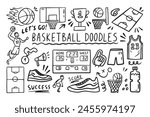 Basketball doodle elements set. basket sport ball, winner cup. Hand drawn sketch style. Vector illustration