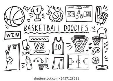 Juego de Elementos de garabato de baloncesto. Balón deportivo de baloncesto, copa ganadora. Estilo de esbozo dibujado a mano. Ilustración vectorial