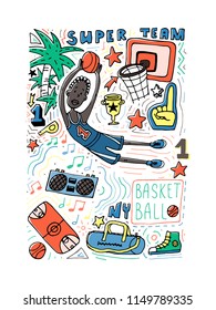 Basketball doodle style vector illustration. Poster, cover design, coloring page. Stock vector