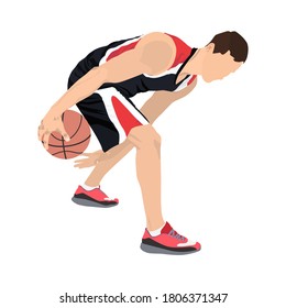 Basketball dribbling skills. Athlete, professional basketball player with ball, vector illustration. Sport and healthy lifestyle.