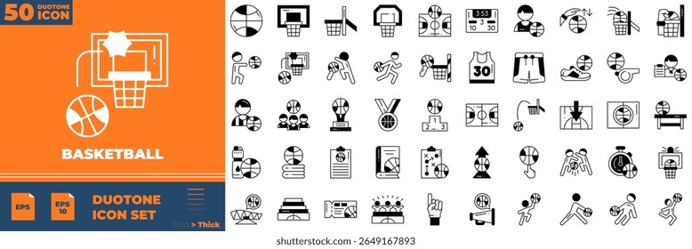 Basketball Duotone Editable Icons set. Vector illustration in modern thin duotone style of basketball icons: Hoop, Stadium, Basketball Jersey, etc