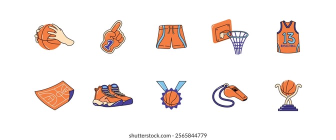 Basketball Element Set, Basketball Vector Set. Basketball Icons Representing Equipment, Accessories, and Activities