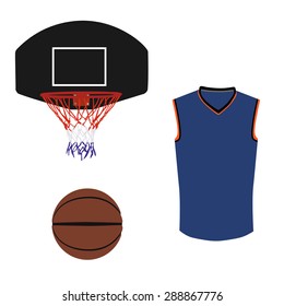 Basketball element vector icon set with basketball ball, hoop and jersey or uniform.