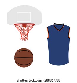 Basketball element vector set with basketball ball, hoop and jersey or uniform.