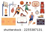 Basketball elements. Cartoon sport objects and group of players in uniforms and sneakers, playing field, ball, basket and electronic scoreboard, professional championship, tidy vector set