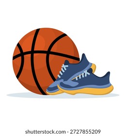 Composición de Elementos de baloncesto con balón y calzado deportivo en una Ilustración vectorial, que representa el equipo de baloncesto, equipo de entrenamiento y conceptos deportivos atléticos.