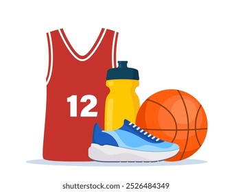 Basketball Elements composition. Various Equipment for Basketballs. Basketball ball, sneakers, uniform, cup, water bottle Vector illustration