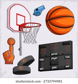 Conjunto de elementos de basquete de aro, placar, bola, dedo de espuma, copos, assobio e disco, para o dia de jogo do evento March Madness, projetos de torneio universitário