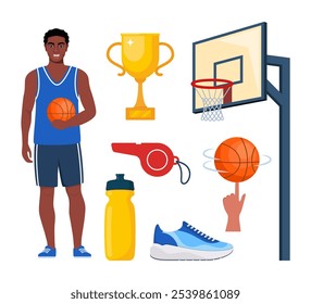 Elementos de basquete, set. Vários Equipamentos para Basketballs. Jogador de basquete, bola, cesta, tênis taça assobio Vetor ilustração