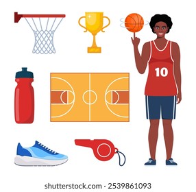 Elementos de basquete, set. Vários Equipamentos para Basketballs. Jogador de basquete, bola, cesta, tênis taça assobio Vetor ilustração