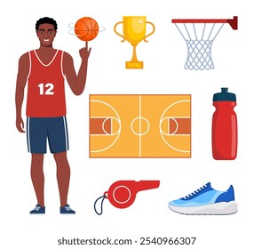 Elementos de basquete, set. Vários Equipamentos para Basketballs. Jogador de basquete, bola, cesta, tênis taça assobio Vetor ilustração