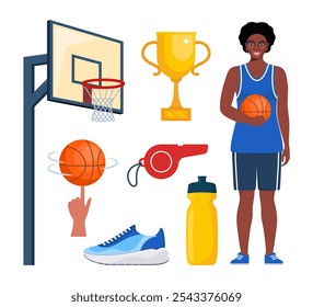 Elementos de basquete, set. Vários Equipamentos para Basketballs. Jogador de basquete, bola, cesta, tênis taça assobio Vetor ilustração