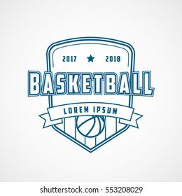 Basketball Emblem Blue Line Icon On White Background
