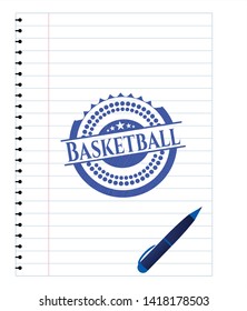 Basketball emblem draw with pen effect. Blue ink. Vector Illustration. Detailed.