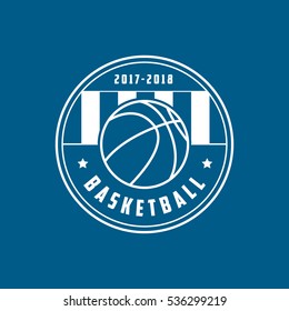 Basketball Emblem Line Icon On Blue Background