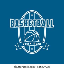 Basketball Emblem Line Icon On Blue Background