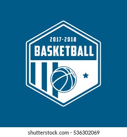 Basketball Emblem Line Icon On Blue Background
