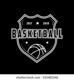 Basketball Emblem Line Icon On Black Background
