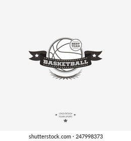 Basketball emblem, logo, badge with ribbon for sports design in black and white.