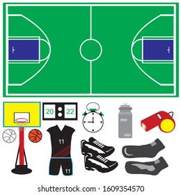 basketball equipment icon set with outline. stock vector. Large set of symbols.icons of basketball. Sports equipment. protection. trackers, silhouettes of players. uniforms. clothing.