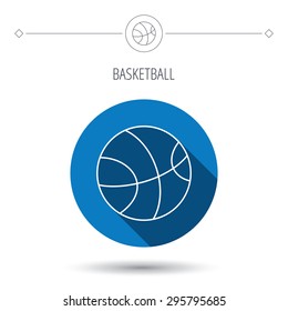 Basketball equipment icon. Sport ball sign. Team game symbol. Blue flat circle button. Linear icon with shadow. Vector