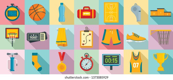 Basketball equipment icons set. Flat set of basketball equipment vector icons for web design