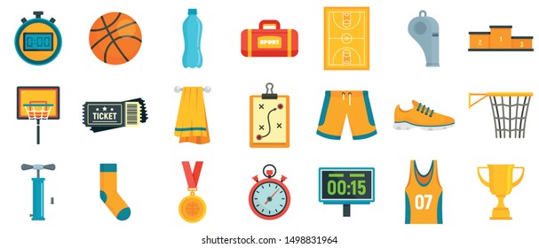 Basketball equipment icons set. Flat set of basketball equipment vector icons for web design