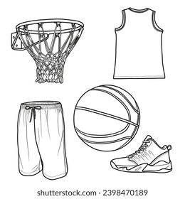 Basketball Equipment set Hand Drawn Doodle Line Art Outline Set Containing Ball, shoes sneakers, Basketball Hoop, jersey and pants isolated on white background