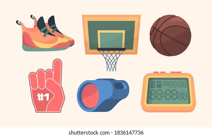 Basketball equipment set. Sports orange sneakers basketball basket and brown ball symbolic team support finger electronic scoreboard with match results and referees whistle. Cartoon vector