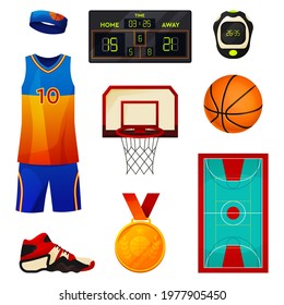 Basketball equipment set or training tools. Vector icons of court, electronic board, ball, medal, basket, sneakers, stopwatch and uniform. Sport apparel and accessories.