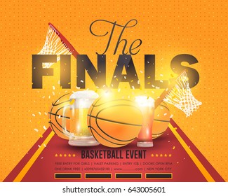 Basketball Event Poster Background, Vector Banner Info Postcard Design and Typographic Sports Ad Web Elements or Card Template