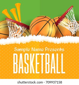 Basketball Event Poster Template. Torn Paper Vector Banner Info Postcard and 2017 Sports Ad Web Elements or Card Design 