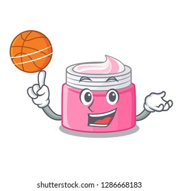 With basketball face cream on wooden cartoon table