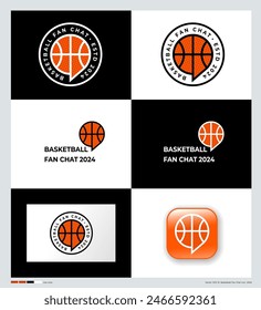 Basketball Fan Chat logo. Basketball emblem. Speech bubble like basketball ball. Identity. Using colors.