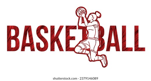 Basketball Female Player Action with Basketball Font Design Cartoon Sport Graphic Vector