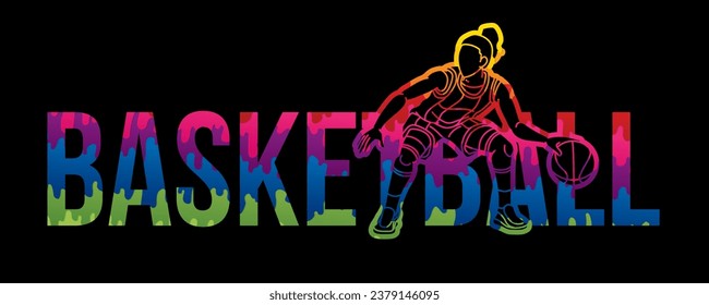 Basketball Female Player Action with Basketball Font Design Cartoon Sport Graphic Vector
