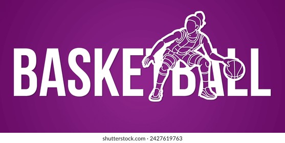 Basketball Female Player Action with Basketball Font Design Cartoon Sport Graphic Vector